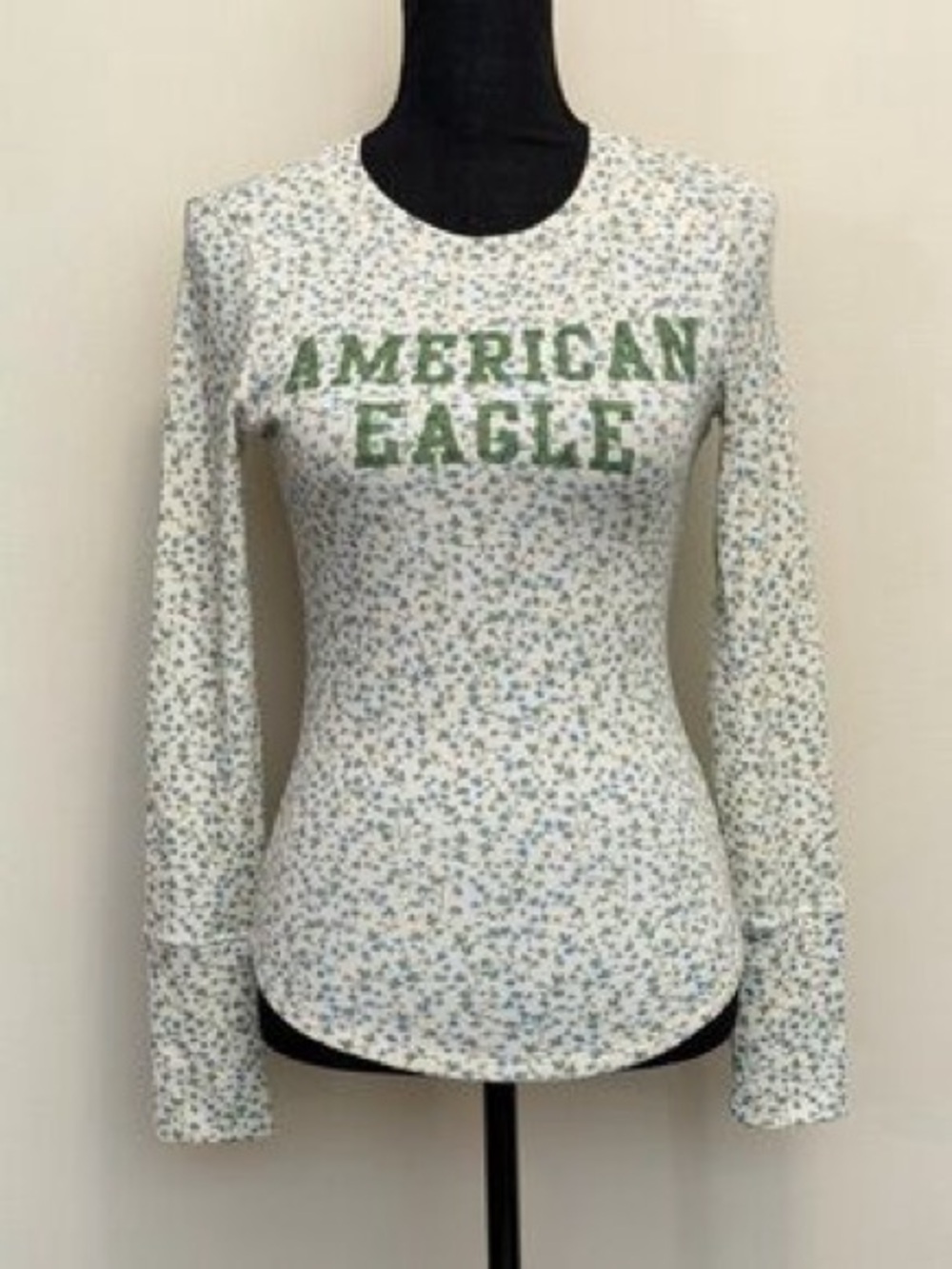 American Eagle Outfitters White Floral Long-Sleeve Tee with Green Logo